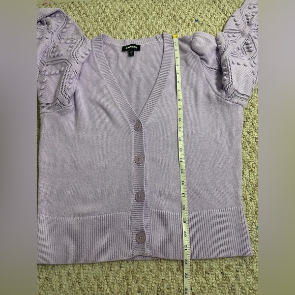 Express Women's Cardigan Bubbles Sweater Puff Sleeve Lavender Cotton size L - Picture 7 of 9